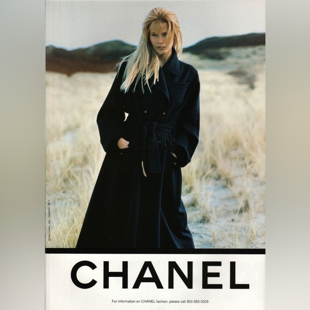CHANEL vintage 1995 poster AD Black Double-Breasted cashmere Coat with belt